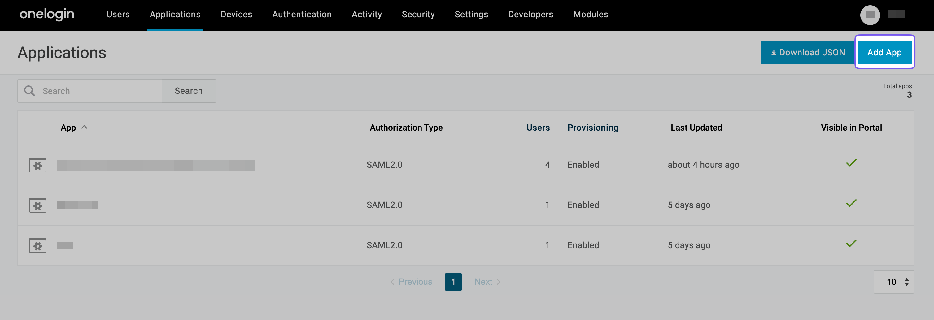 The OneLogin Applications page displays a list of apps with options to download JSON or add a new app.