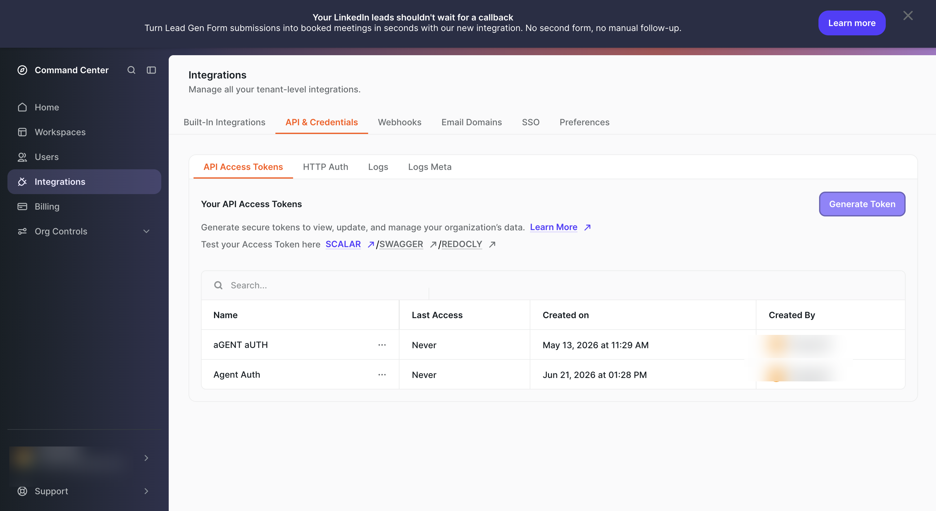 Chili Piper Integrations β API & Credentials β API Access Tokens page showing the Generate Token button and a list of existing tokens