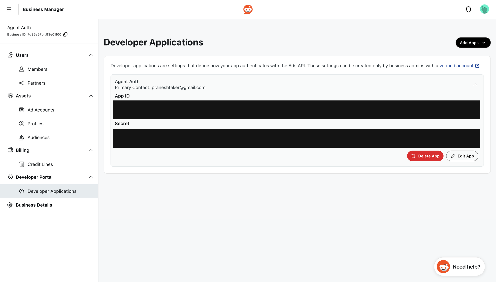 Reddit Business Manager Developer Applications page showing an app's App ID and Secret fields