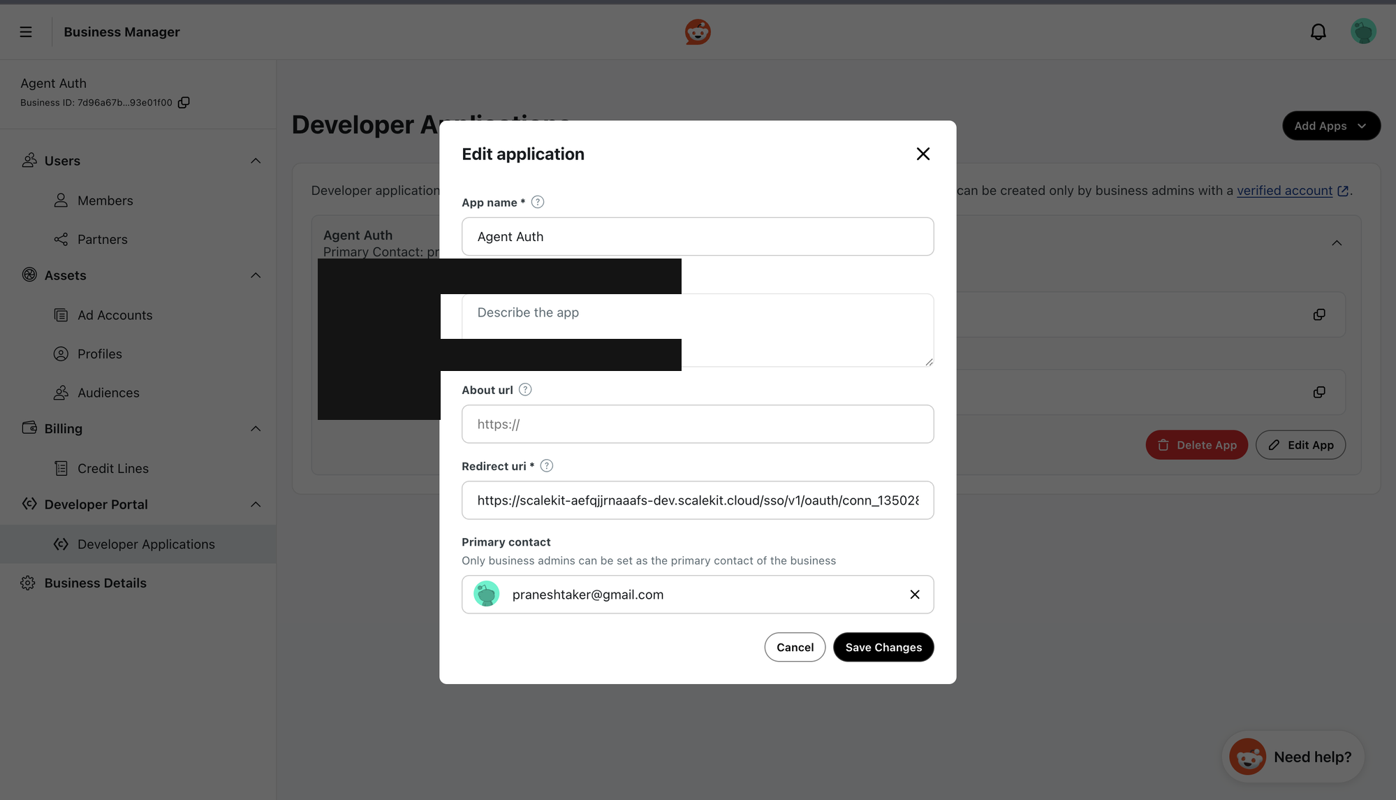 Reddit Business Manager Edit application modal with the Redirect uri field filled in