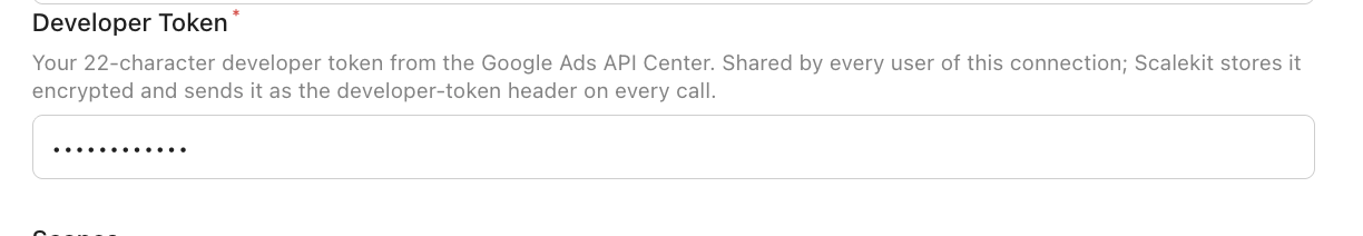 Enter your Google Ads developer token in Scalekit dashboard