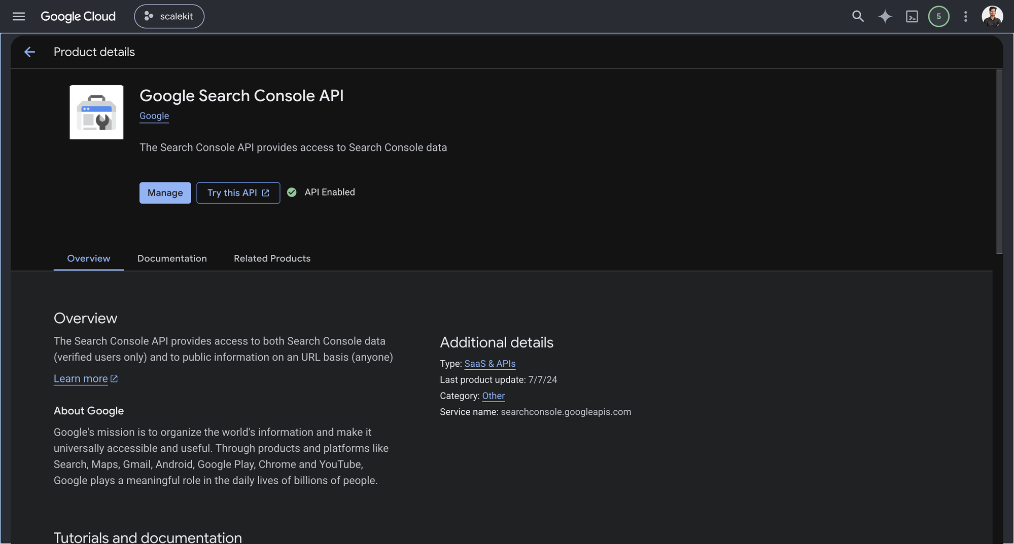 Google Search Console API product page showing the Enable button and API Enabled status